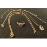A 9ct rose gold necklace chain; a 9ct gold amethyst ring, size P; a 9ct gold pendant set with stones