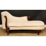 A 19th century rosewood chaise longue, the frame carved with scrolls and acanthus, 83.5cm high,