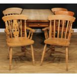 A farmhouse pine dining table, rectangular top, drawer to frieze, turned legs, 77.5cm high, 160cm