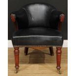 A Victorian club or desk chair, stuffed-over upholstery with studded border, turned forelegs, 73.5cm