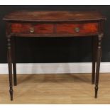 A George III mahogany bowfront side table, oversailing top above a pair of frieze drawers, turned