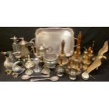 Metalware - a collection of brass hand bells, various sizes; a plated four piece tea service; a