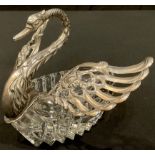 A continental silver and cut glass salt in the form of a swan, marked 835