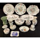 A Wedgwood Kutani Crane pattern powder bowl and cover, pair of shaped oval trays, side plate, vases,