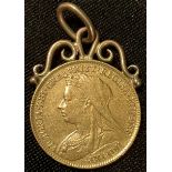 A Victorian gold half sovereign, mounted as a pendant, 1895, 4.73g.