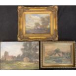 Syd Gardner a set of three, Cottage Scene, River Scene and Sheep Grazing signed, oils, the largest