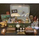 A large suitcase containing Art Nouveau biscuit tin, Lon Eaton Co-Op Diamond Jubilee tin; pottery;