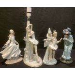 A Lladro table lamp, modelled as a ballerina, 32cm; other Lladro figures, Cinderella, Geisha and
