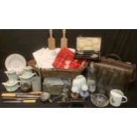 Kitchenalia including 1950s/60s milk bottles, advertising biscuit tin, butter pats, milk measure,