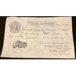 A Bank of England white five pound note, L43 034781, 17th Feb, 1947