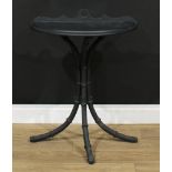 A painted demilune side table, cast iron simulated bamboo base cast Registered No. 1028620 and