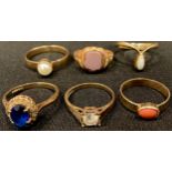 A 9ct gold opal ring, size P; other 9ct gold dress rings, set with coral, simulated pearl, etc 16.2g