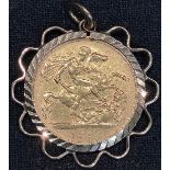 A Victorian gold half sovereign, 1894, 9ct gold mounted as a pendant, 5.3g