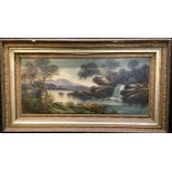 English School (late 19th century) Loch with Waterfall and Distant Mountains indistinctly signed,