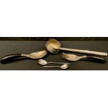 A 19th century Russian spoon; another; a pair of Asian servers; a ladle (5)