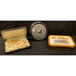 Fishing - a Hardy Brothers fly tin, hinged cover enclosing nine lidded compartments; a fishing reel;