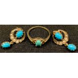 A 9ct gold ring, set with a single polished turquoise cabochon, size L, 1.48g; a pair of 9ct gold