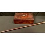 A Victorian mahogany folding writing slope; a Victorian walking stick, silver buckle collar and