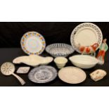 An 18th century pearlware basket, 21cm diam, c.1790; a creamware jelly mould; other creamware; a cow