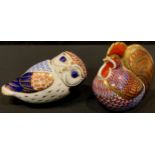 A Royal Crown Derby paperweight, Owl, original ceramic stopper; another Cockerel, gold stopper (2)