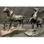 A late 19th/early 20th century bronzed metal model of a Marley horse, 18cm high; another, dray horse