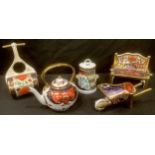 A Royal Crown Derby Imari palate miniature, Garden Roller; others, Garden Bench, Wheelbarrow, Milk