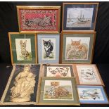 Textiles - a collection of needlework samplers, embroideries and tapestries including cats, etc