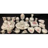 A Royal Crown Derby miniature tea set on tray; other miniatures including kettle, iron, wash jug and