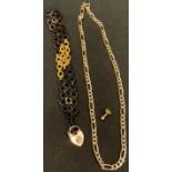 A 9k gold fancy link necklace, 9g; a 9ct gold love heart padlock (2)