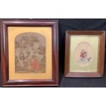 A 19th century needlework picture, Girl holding a dog, 12cm x 8cm; another, figures merrymaking,