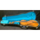 A violin, a copy of an Antonius Stradivarius, two piece back, made in Czechoslovakia, carry case