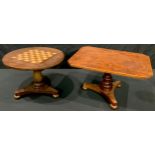 A walnut and mahogany miniature apprentice type tilt-top tripod table, turned socle, outswept