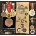 A collection of enamel badges; a bronze medallion; commemorative medallions, etc, qty