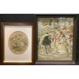 A 19th century needlework picture, courtyard scene, 27.5cm x 22cm; another (2)