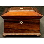 A Regency rosewood sarcophagus shaped tea caddy, mother-of-pearl vacant cartouche and escutcheon,