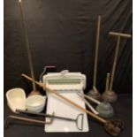 Kitchenalia - an Acme mangle/wringer; an enamel draining board; copper washing dollies; a stirrup