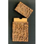 A Cantonese carved wooden card case intricately carved with traditional scene, 9cm x 4.5cm