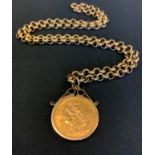 A full sovereign pendant, 1968, suspended from a rollo link necklace, 31.4g gross