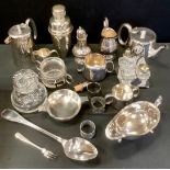 A silver plated five piece tea and coffee set; cocktail shaker; large serving spoon, cream jug etc