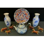 Oriental - a blue and white crackle glazed tea pot; pair of fish vases; imari plate; bamboo wrist