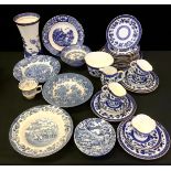 A Royal Doulton Real Old Willow vase; an early 20th century blue and white tea service; etc