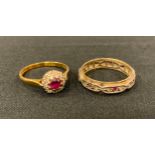 A pinkish red Ruby and Diamond cluster ring, 18ct gold shank, 2.7 grams; a silver and gold-