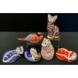 A Royal Crown Derby paperweight Pheasant, others Duck, seated Cat, Arctic Fox, Red Fox, Hamster, all