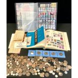 Coins - three penny bits; Victorian pennies; commemorative crowns; stamp albums, post war