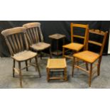 A pair of 19th century elm lath-back kitchen / dining chairs; two Edwardian bedroom chairs; a