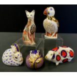 A Royal Crown Derby paperweight Field Mouse, others Rabbit, Puffin, Pig, Siamese Cat, all silver