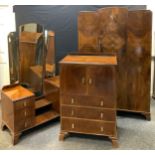 An Art Deco walnut three piece bedroom suite, single door wardrobe, 184cm high, 118cm wide, 48cm