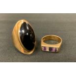 A 9ct gold blue john inset panel ring, size N, 5.2g; black onyx cabochon panel ring, 9ct gold shank,