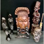 Tribal Art - a grotesque mask head pipe, wall mask; figures etc (6)