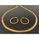 A 9ct gold flat link necklace (broken), pair of 9ct gold rose and yellow gold hoop earrings, 17.